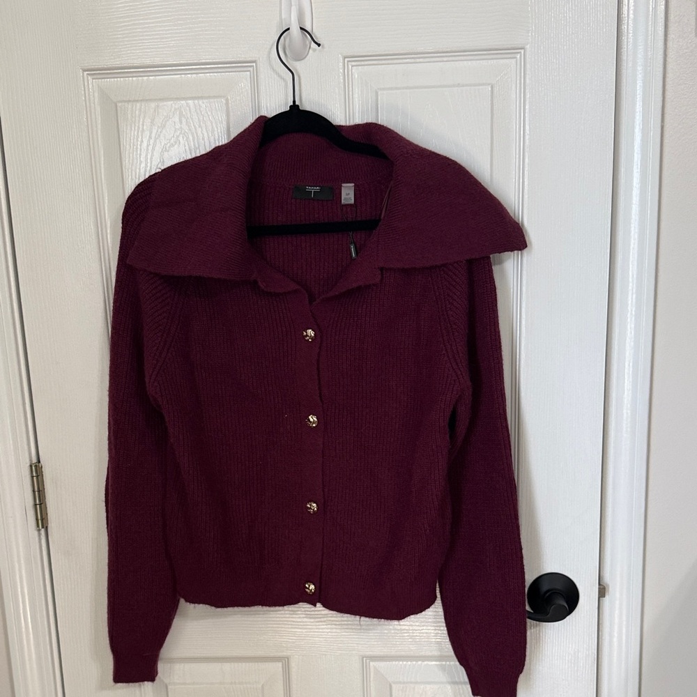 Tahari Burgundy Button-Front Sweater Cardigan